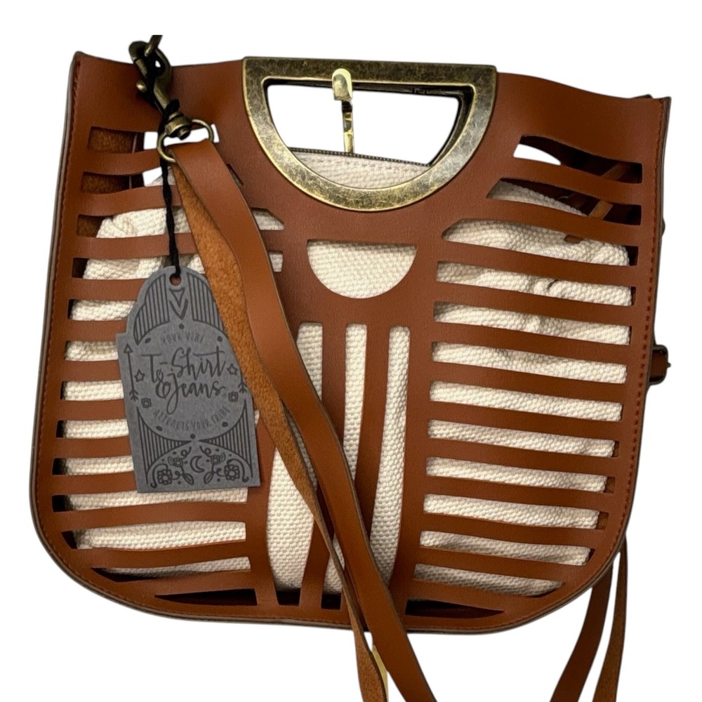 T-Shirt & Jeans Cognac Brown Laser Cut Crossbody Bag Canvas Pouch Boho NWT